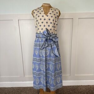 Voy Linen Blend  Tie Midi Dress Women's SM Mixed Print Paisley Classic Cottage